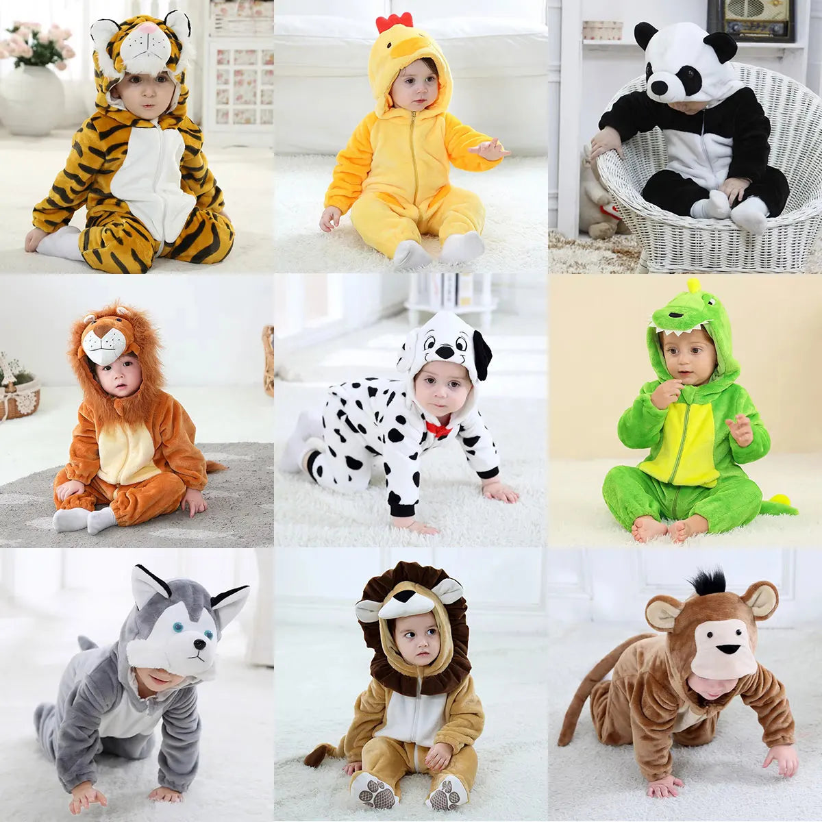 Babies and toddlers wearing soft animal Halloween costumes