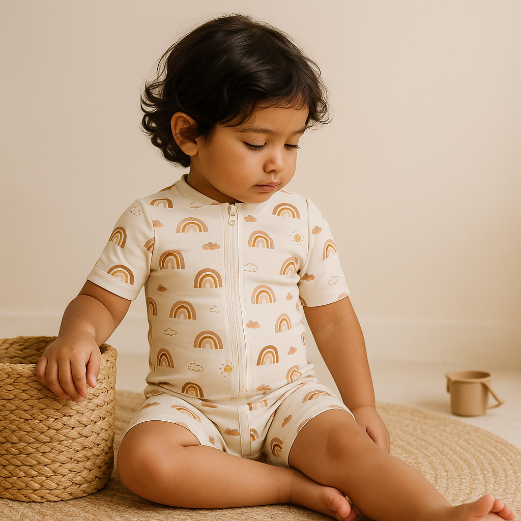 Gentle Nest AI hero image - Sunlit Swim Romper - Rainbows