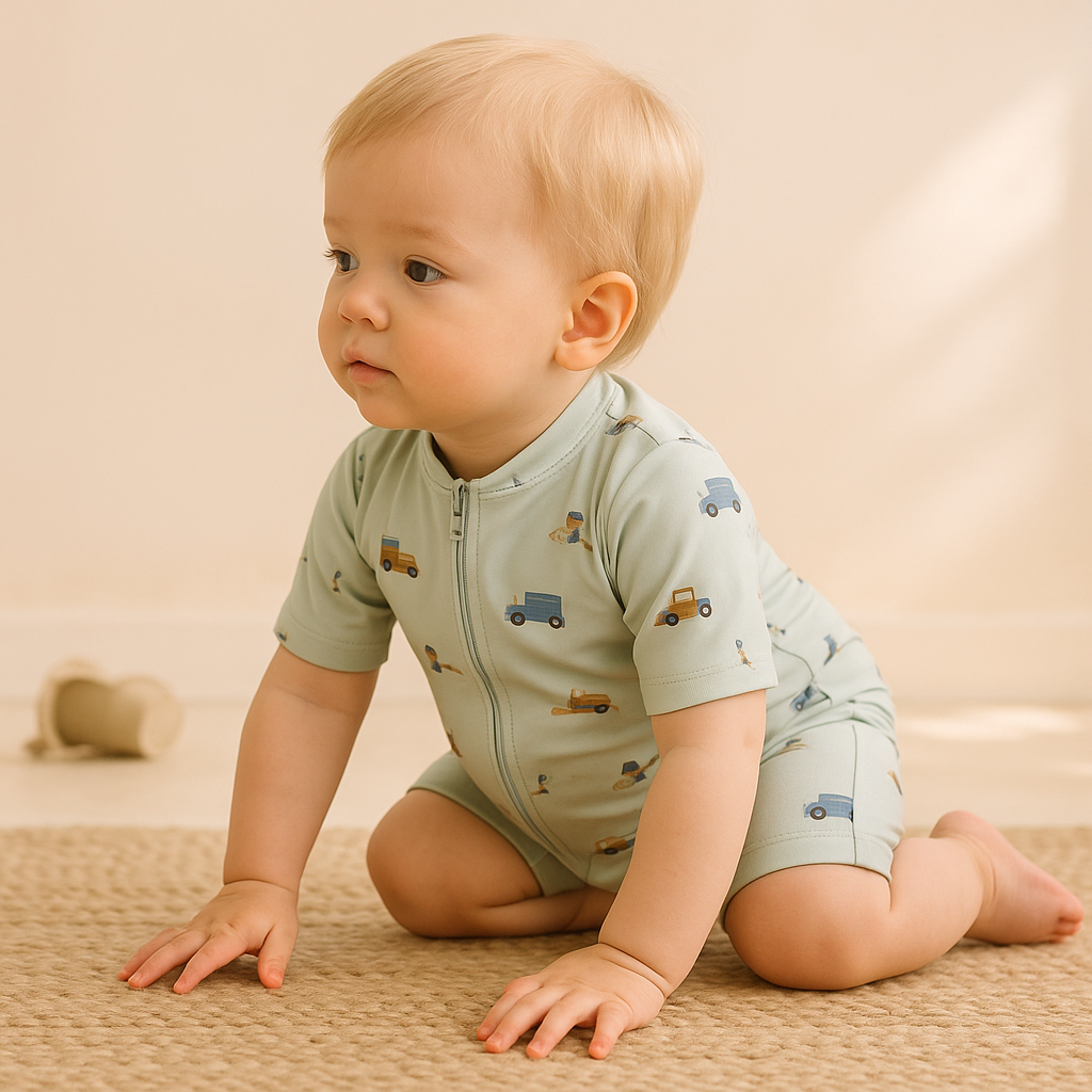 Gentle Nest AI hero image - Sunlit Swim Romper - Trucks