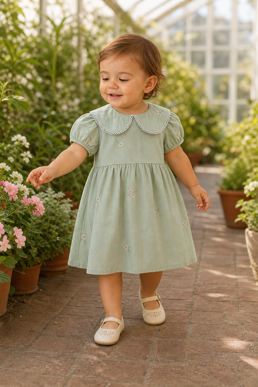 Gentle Nest model hero — Meadow Bloom Embroidered Floral Dress, worn by Eva (GN-T05)