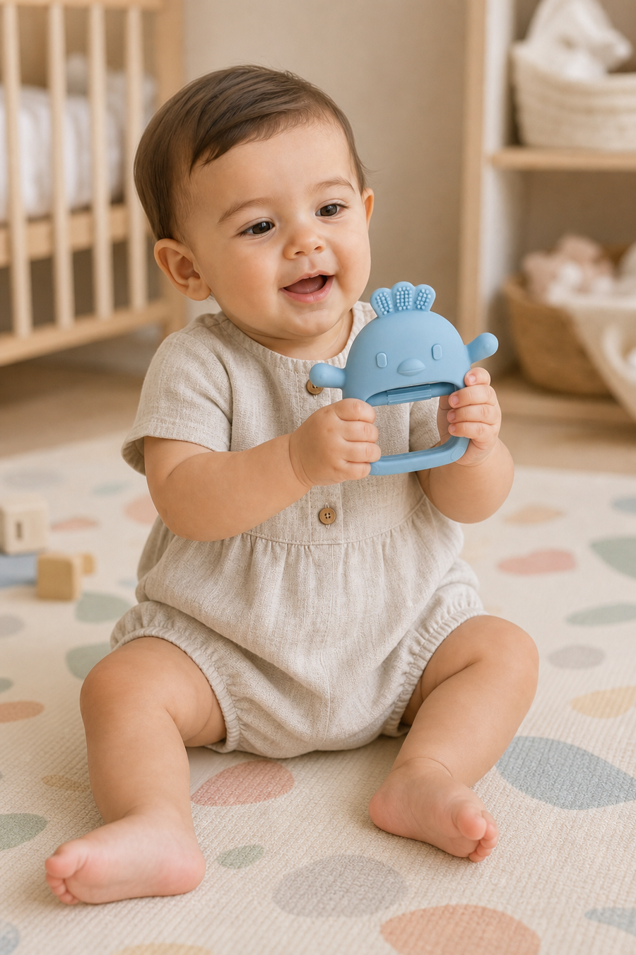 Gentle Nest model hero — Peep & Soothe Chick Teether, worn by Mira (GN-B01)