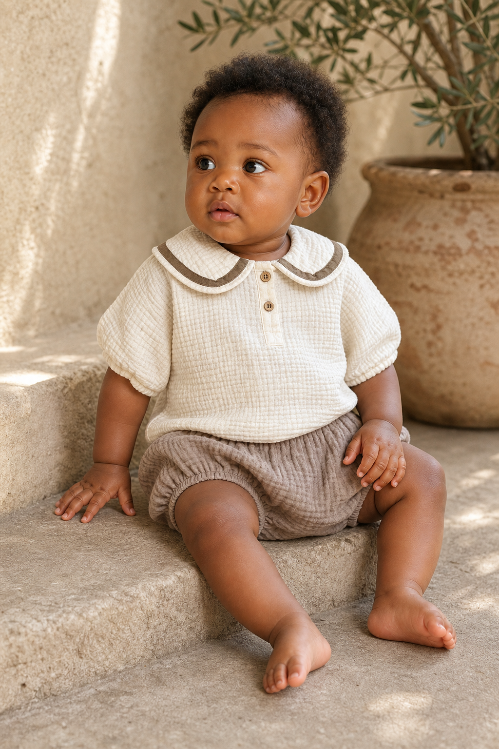 Gentle Nest model hero — Harbor Day Cotton Bloomer Set, worn by Nia (GN-B03)