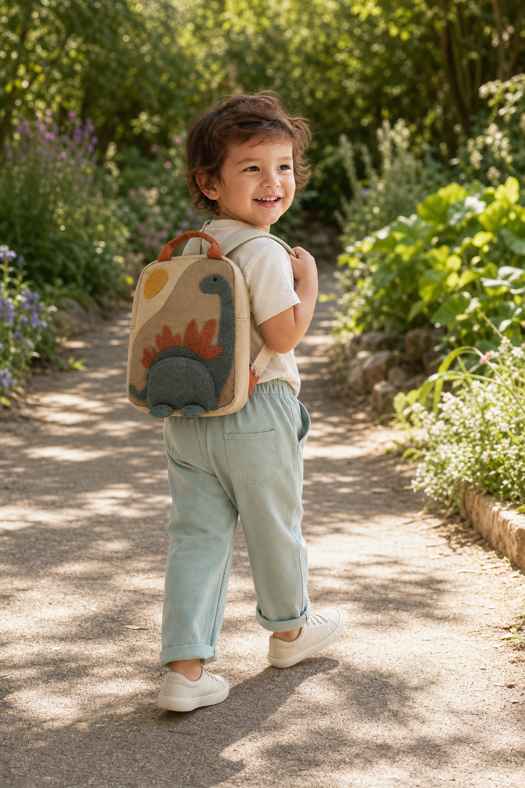 Gentle Nest model hero — Little Explorer Embroidered Backpack, worn by Leo (GN-C03)