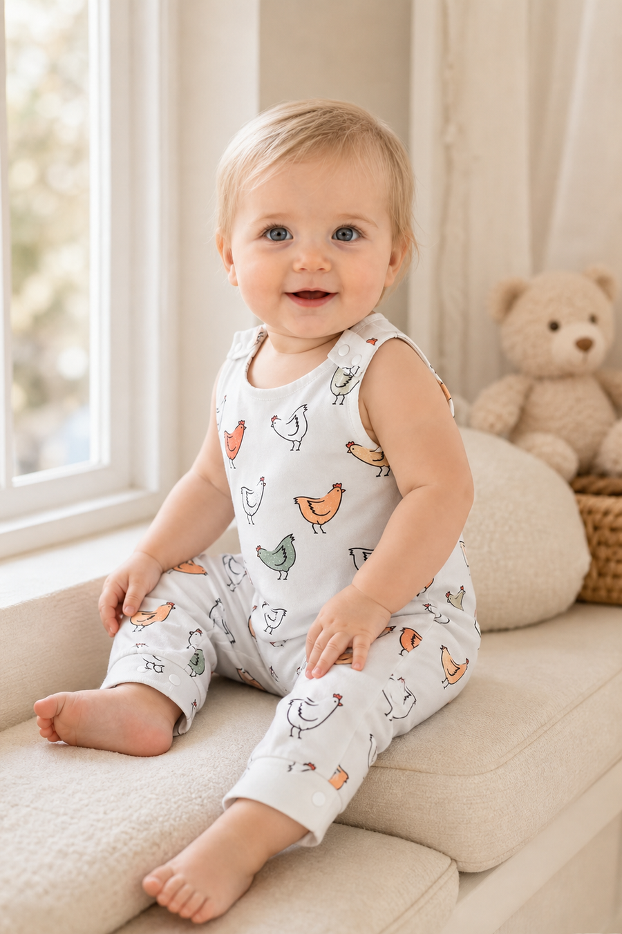 Gentle Nest model hero — Hen Parade Summer Romper, worn by Clara (GN-B04)