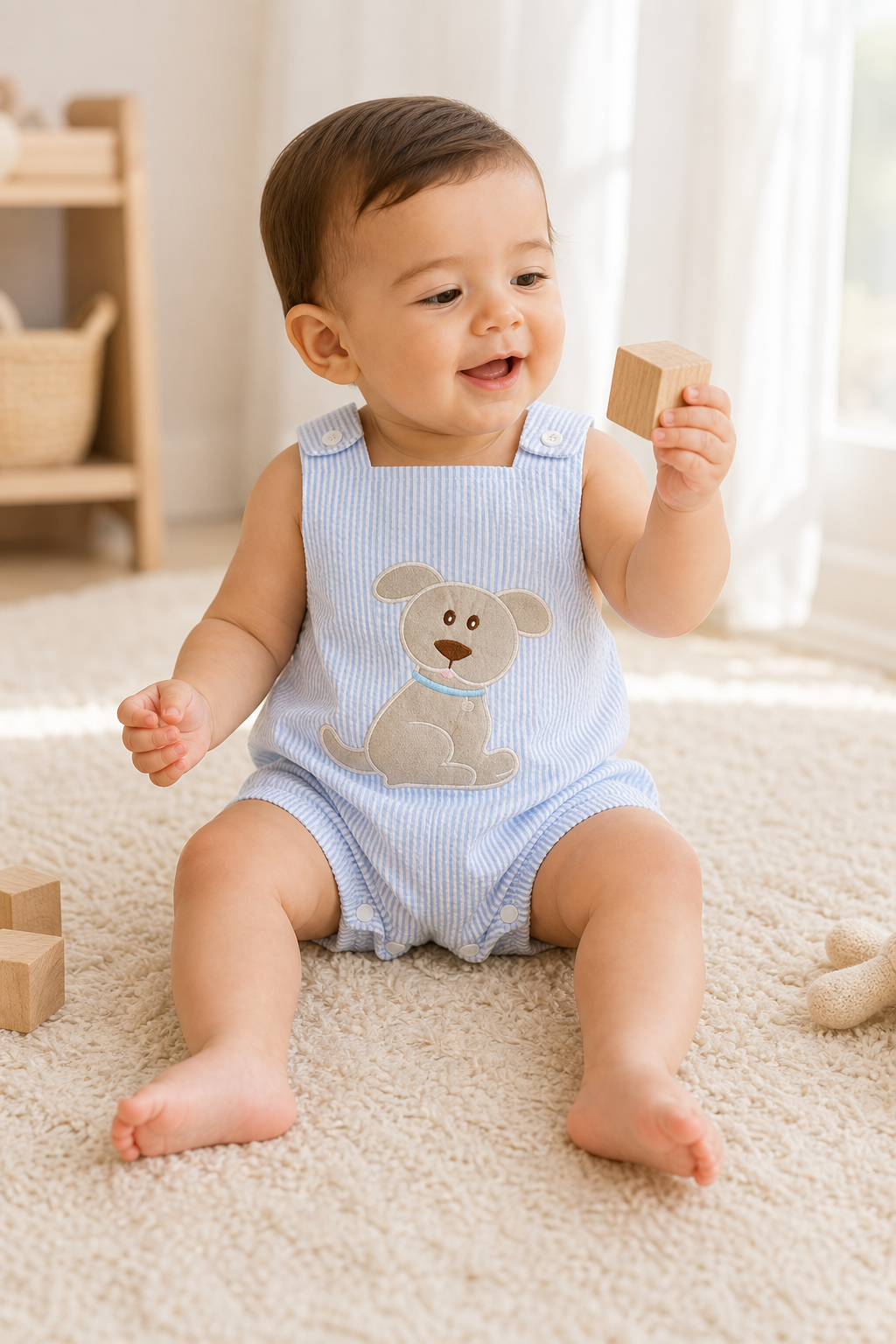 Gentle Nest model hero — Little Pup Embroidered Overall Romper, worn by Mira (GN-B01)
