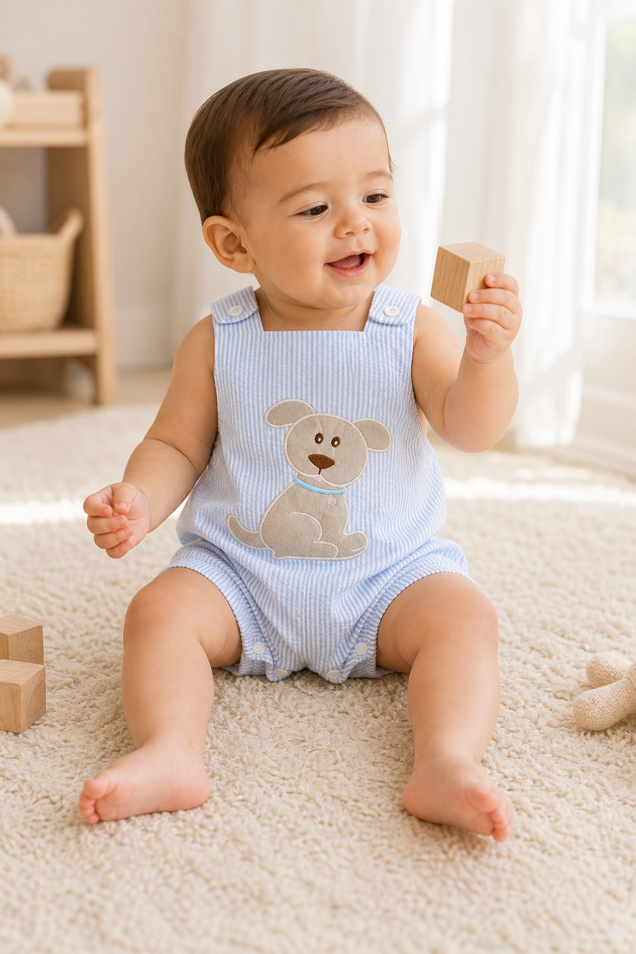 Child wearing the blue-and-white striped Little Pup embroidered overall romper