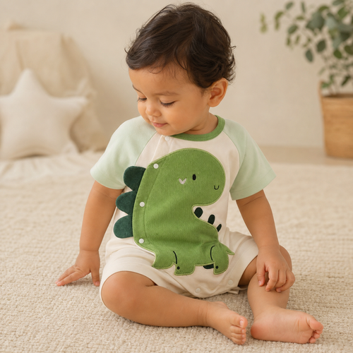 Baby wearing the Dinosaur Print Cotton Romper with green dinosaur appliqué