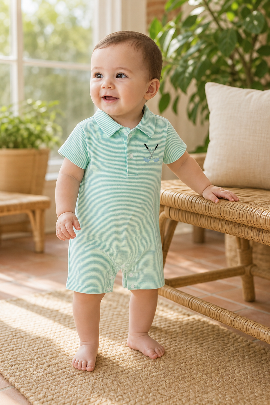 Gentle Nest model hero — Fairway Stripe Polo Romper, worn by Eli (GN-B02)