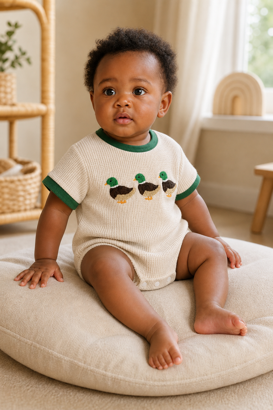 Gentle Nest model hero — Three Little Ducks Embroidered Romper, worn by Nia (GN-B03)