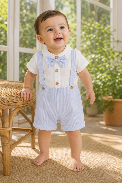 Gentle Nest model hero — Gentleman Short Sleeve Romper Set, worn by Mira (GN-B01)