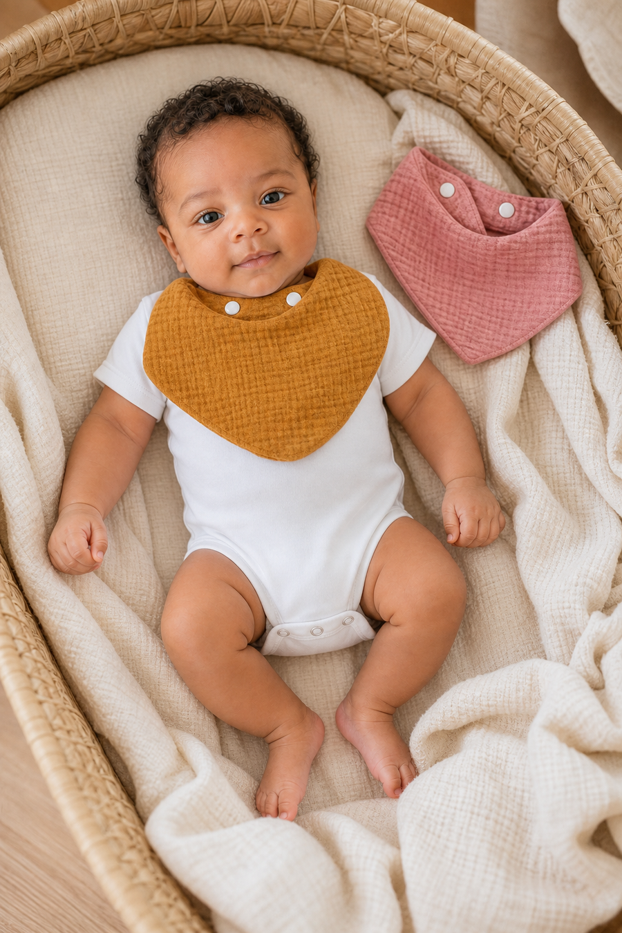 Gentle Nest model hero — Cloud Muslin Bib Set, worn by Amari (GN-N01)