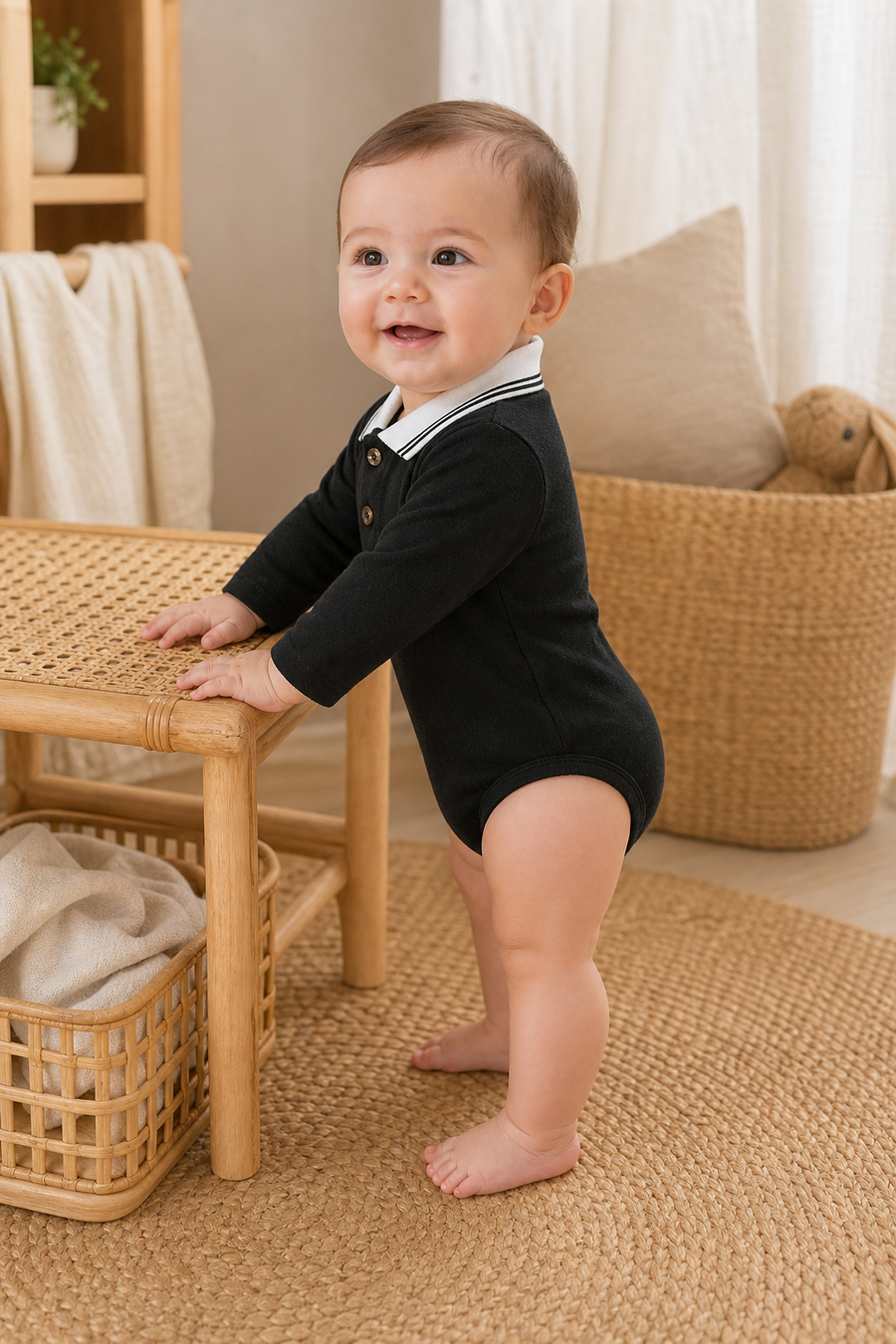 Gentle Nest model hero — Button-Up Collar Bodysuit Set, worn by Eli (GN-B02)