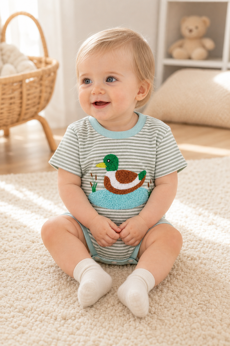 Gentle Nest model hero — Duck Embroidery Stripe Bodysuit, worn by Clara (GN-B04)