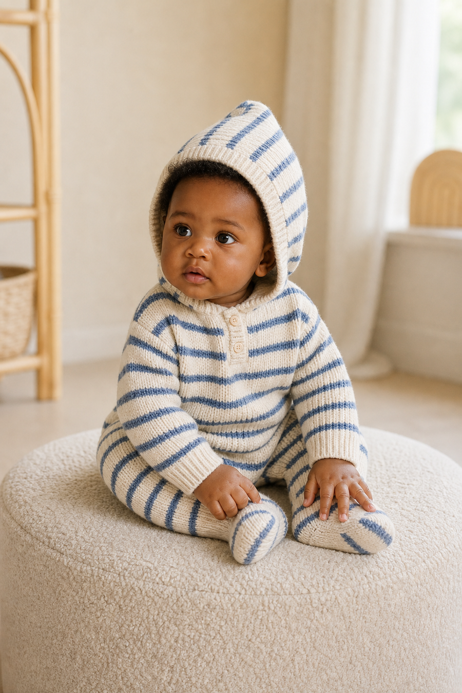 Gentle Nest model hero — Striped Knit Romper, worn by Nia (GN-B03)