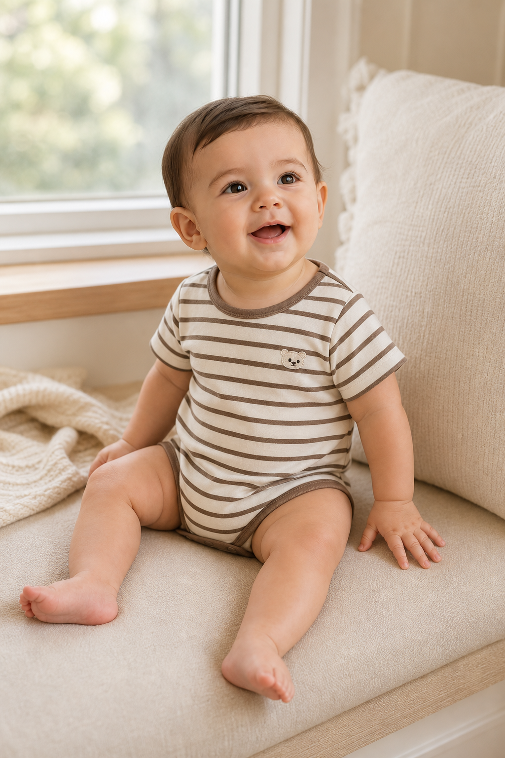 Gentle Nest model hero — Striped Bear Romper, worn by Mira (GN-B01)