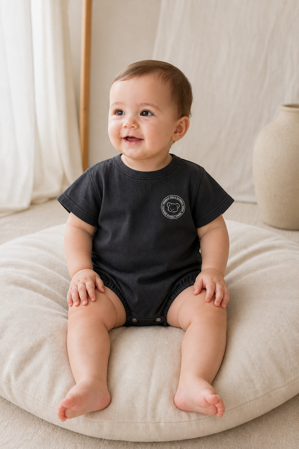 Gentle Nest model hero — Cartoon Bear Short Sleeve Bodysuit, worn by Eli (GN-B02)