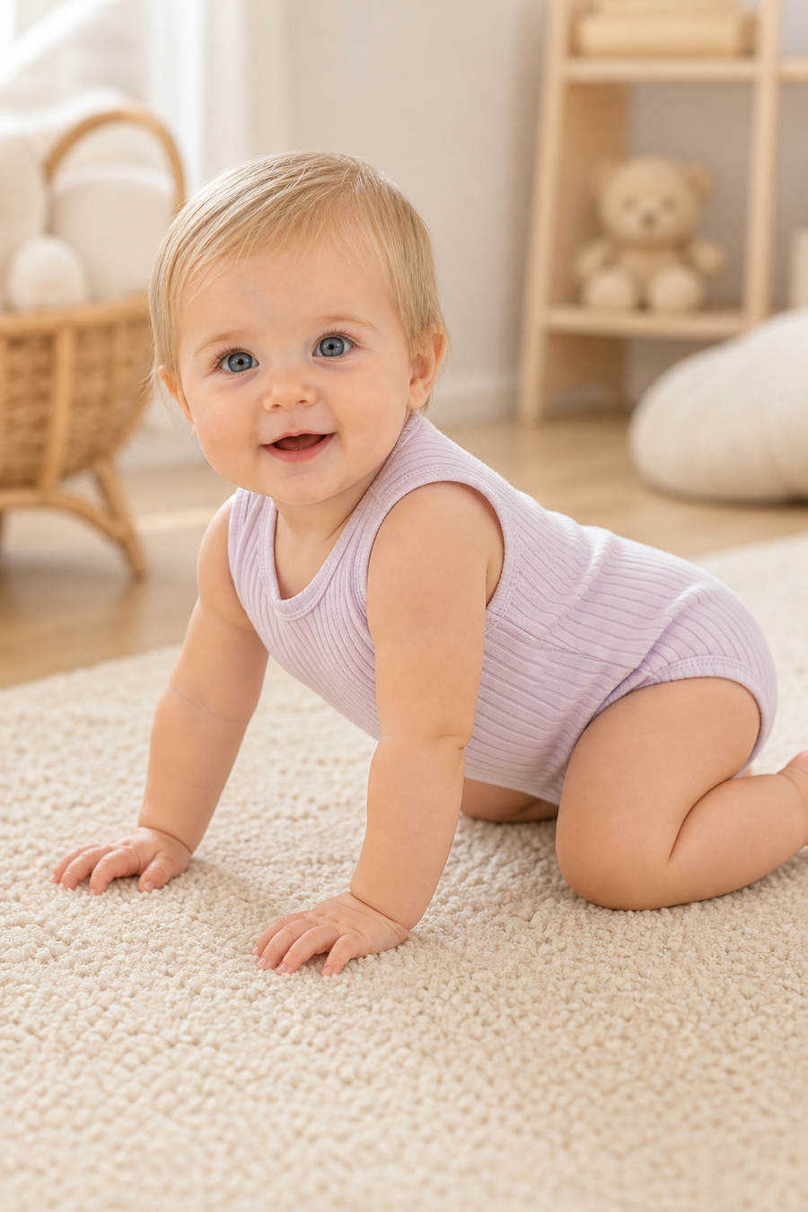 Gentle Nest model hero — Sleeveless Ribbed Bodysuit Set, worn by Clara (GN-B04)
