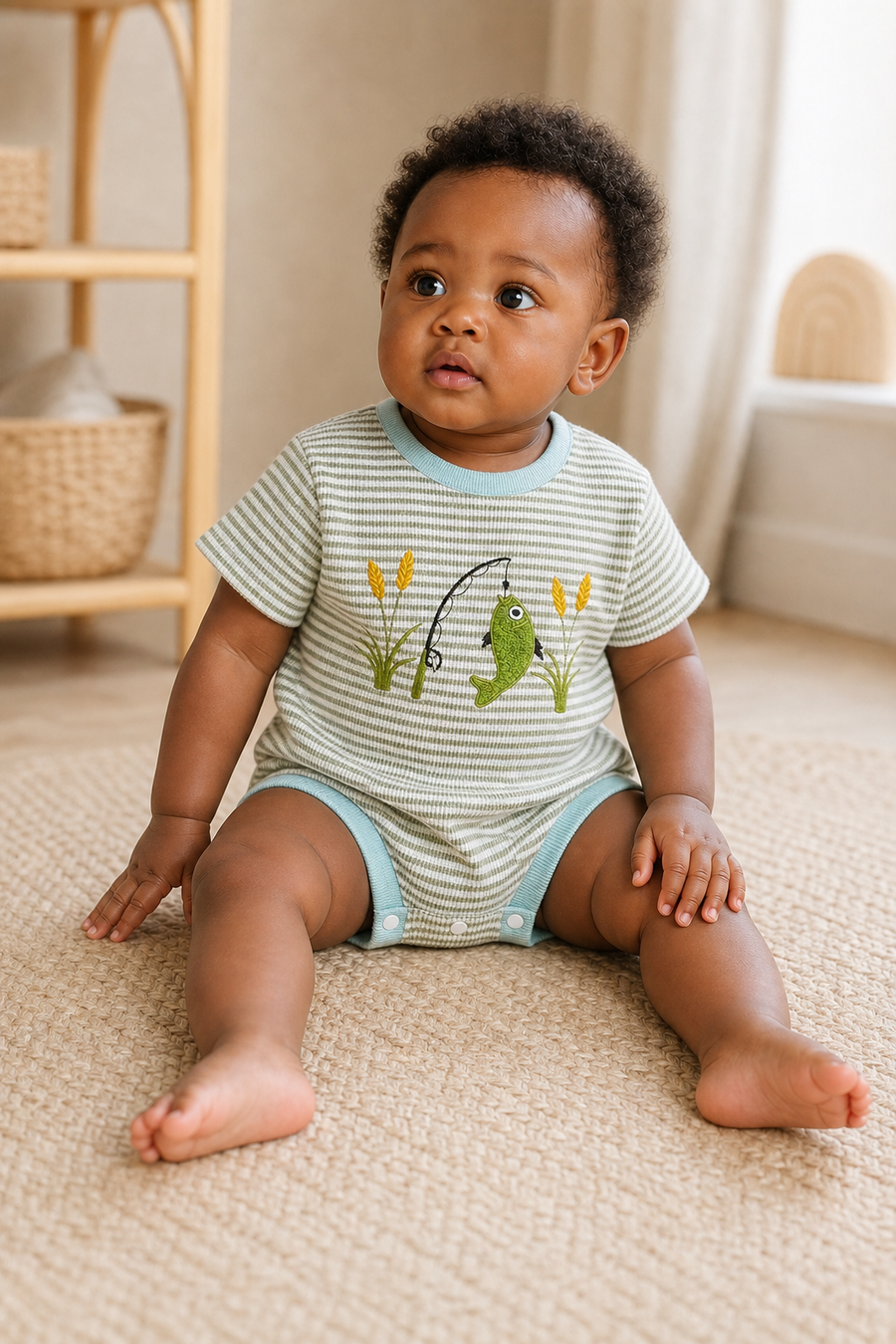 Gentle Nest model hero — Fish Embroidery Baby Bodysuit, worn by Nia (GN-B03)