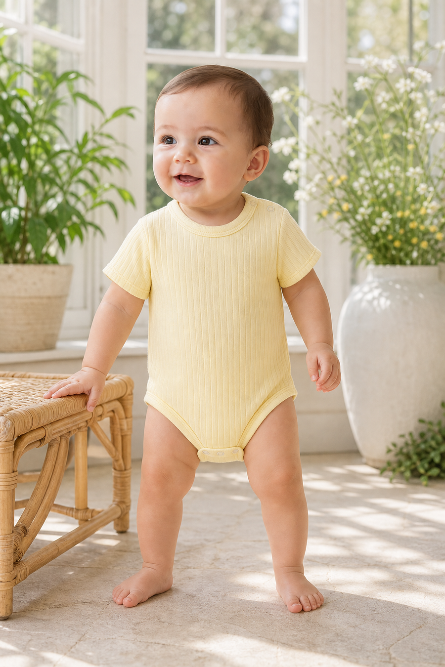 Gentle Nest model hero — Petite Léonie Short Sleeve Bodysuit, worn by Eli (GN-B02)