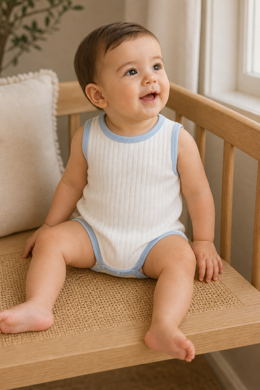 Gentle Nest model hero — Jardin de Honfleur Sleeveless Bodysuit, worn by Mira (GN-B01)