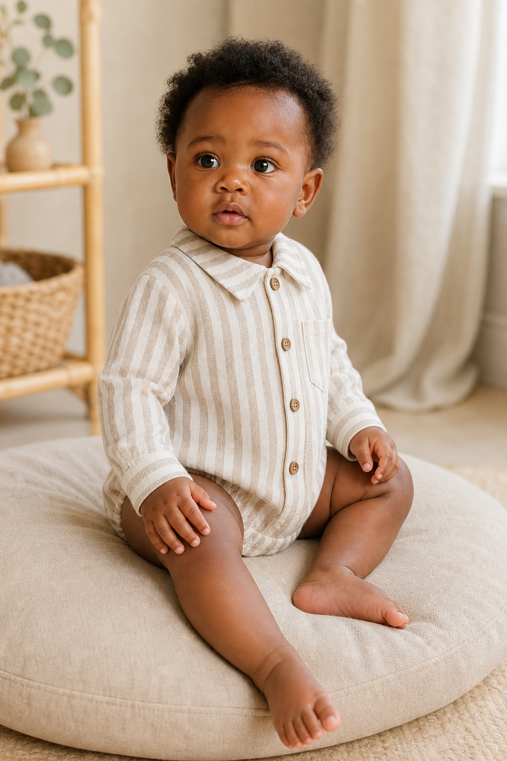 Gentle Nest model hero — Striped Long-Sleeve Bodysuit, worn by Nia (GN-B03)