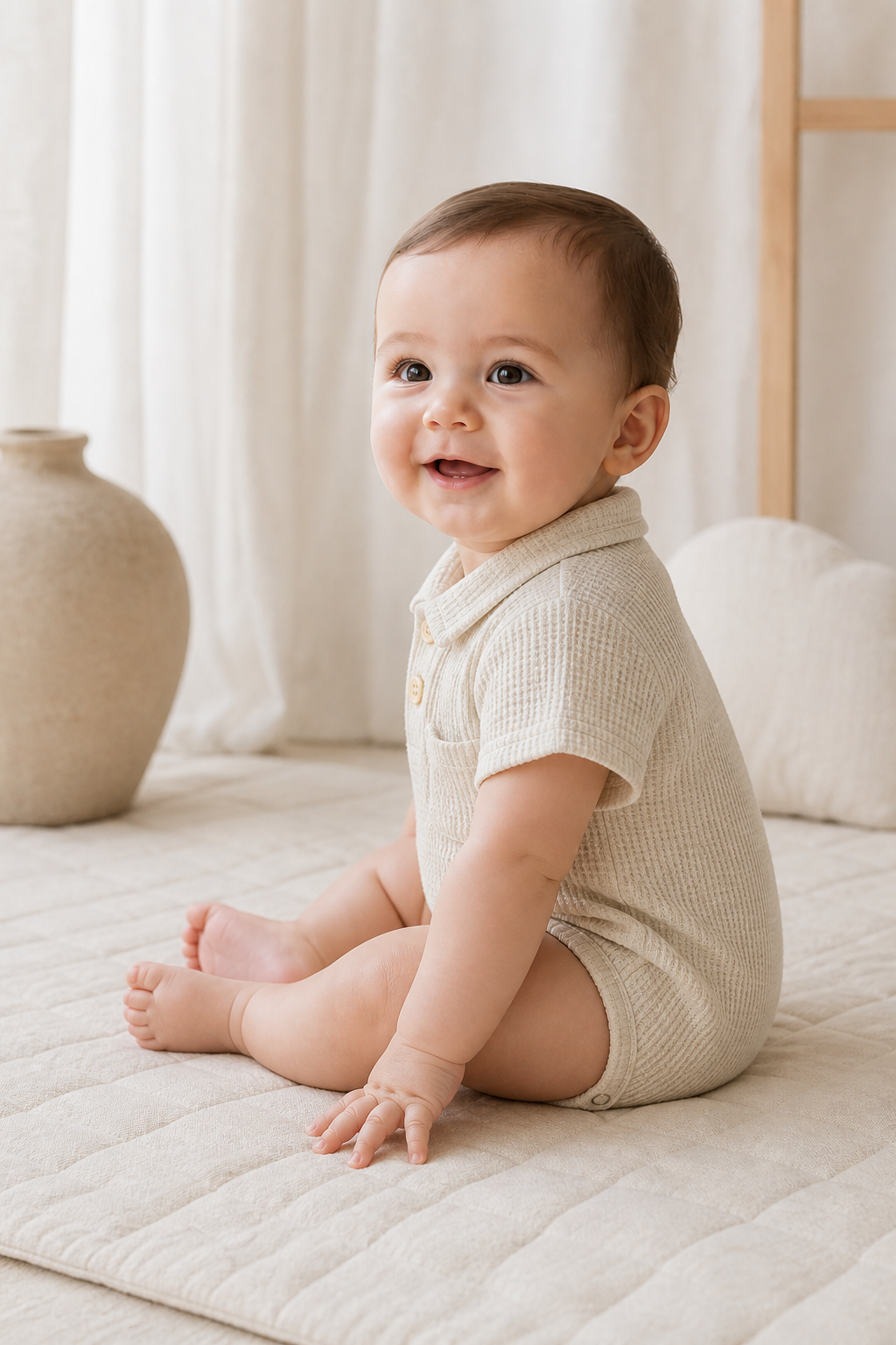 Gentle Nest model hero — Waffle Knit Polo Bodysuit, worn by Eli (GN-B02)