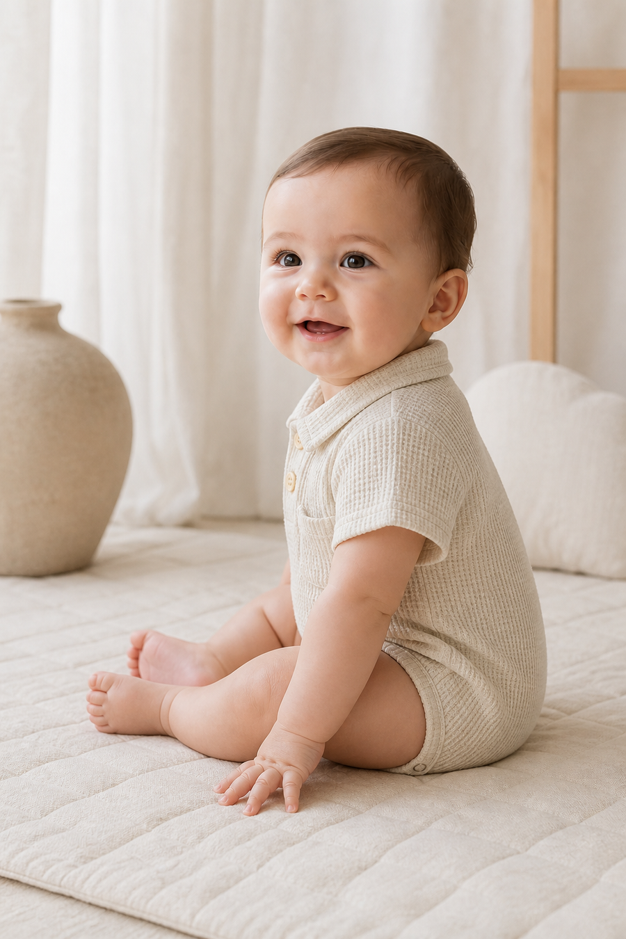 Gentle Nest model hero — Waffle Knit Polo Bodysuit, worn by Eli (GN-B02)