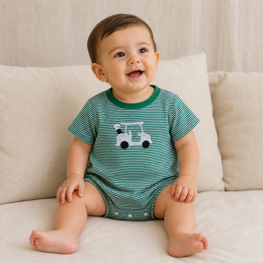 Gentle Nest model hero — Striped Embroidered Golf Cart Baby Romper, B, worn by Mira (GN-B01)