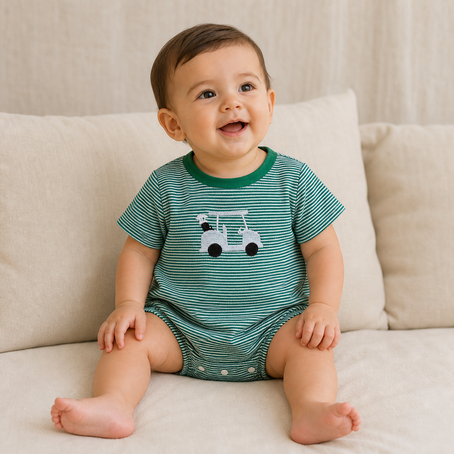 Gentle Nest model hero — Striped Embroidered Golf Cart Baby Bodysuit, B, worn by Mira (GN-B01)