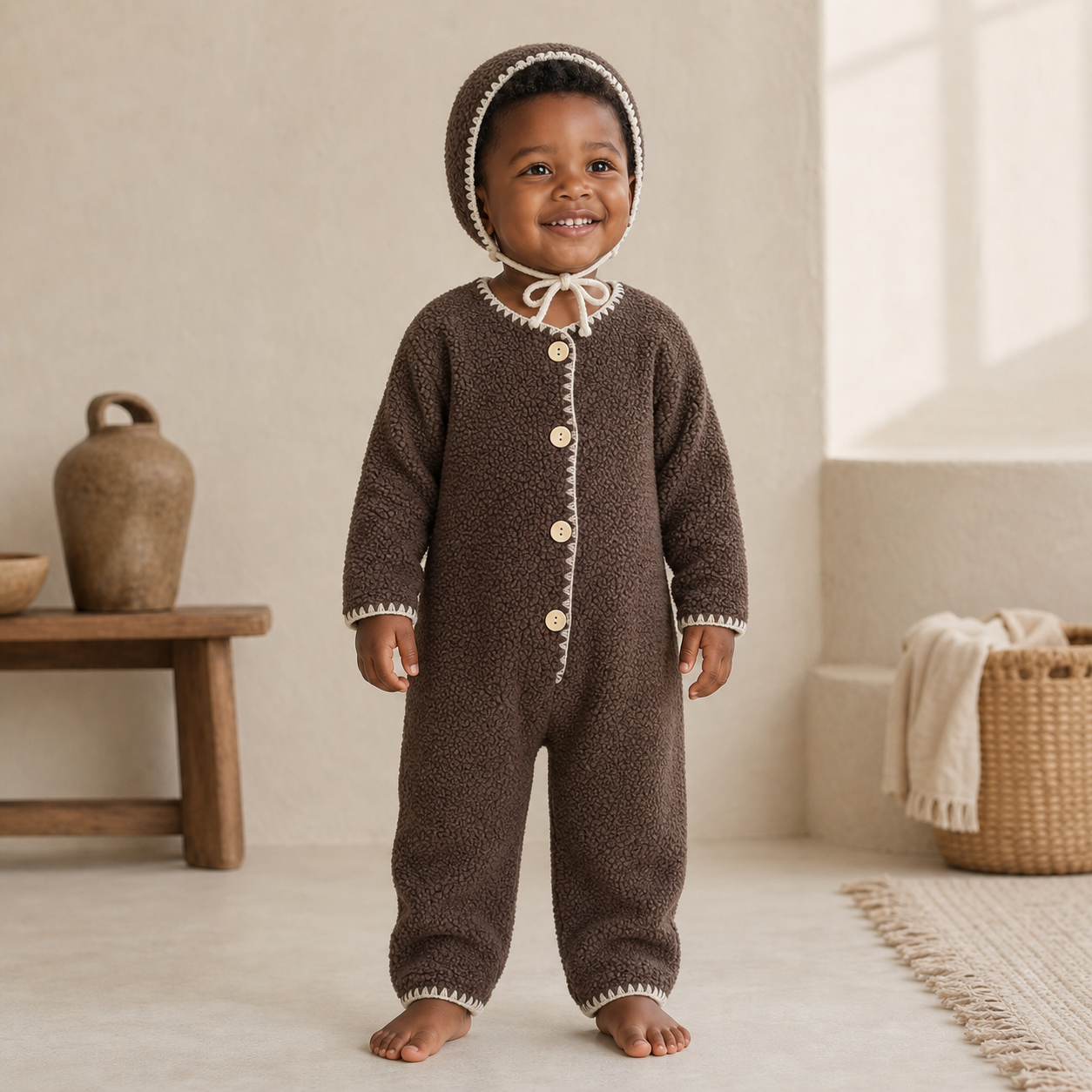 Gentle Nest model hero — Teddy Fleece Romper & Hat Set, Brown, worn by Malik (GN-T06)