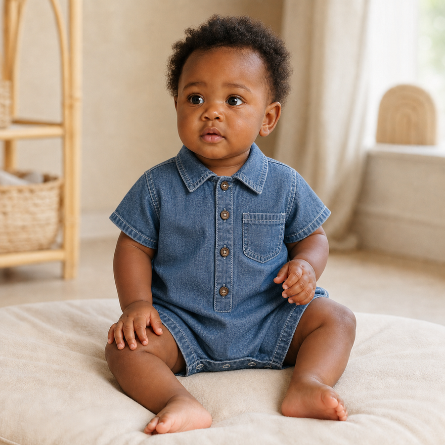 Gentle Nest model hero — Denim Short Sleeve Baby Romper, Blue, worn by Nia (GN-B03)