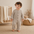 Gentle Nest model hero — Cozy Knit Bodysuit, Khaki, worn by Mateo (GN-T03)