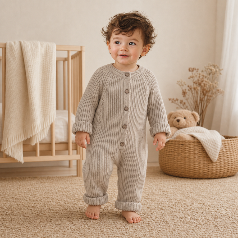 Gentle Nest model hero — Cozy Knit Bodysuit, Khaki, worn by Mateo (GN-T03)