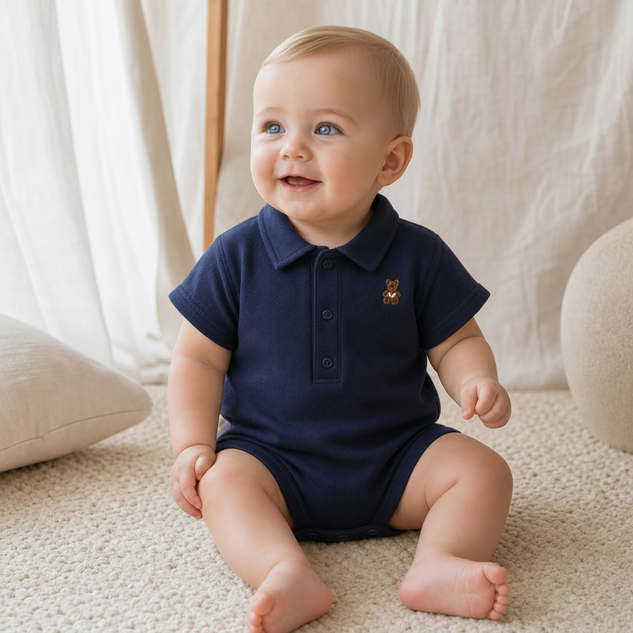 Gentle Nest model hero — Solid Polo Romper, Dark Blue, worn by Eli (GN-B02)