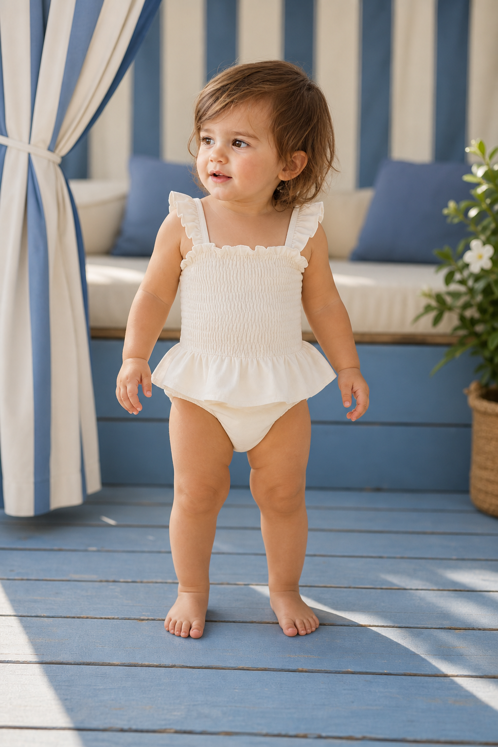 Gentle Nest model hero — Ruffle Swim Set, worn by Mila (GN-T02)