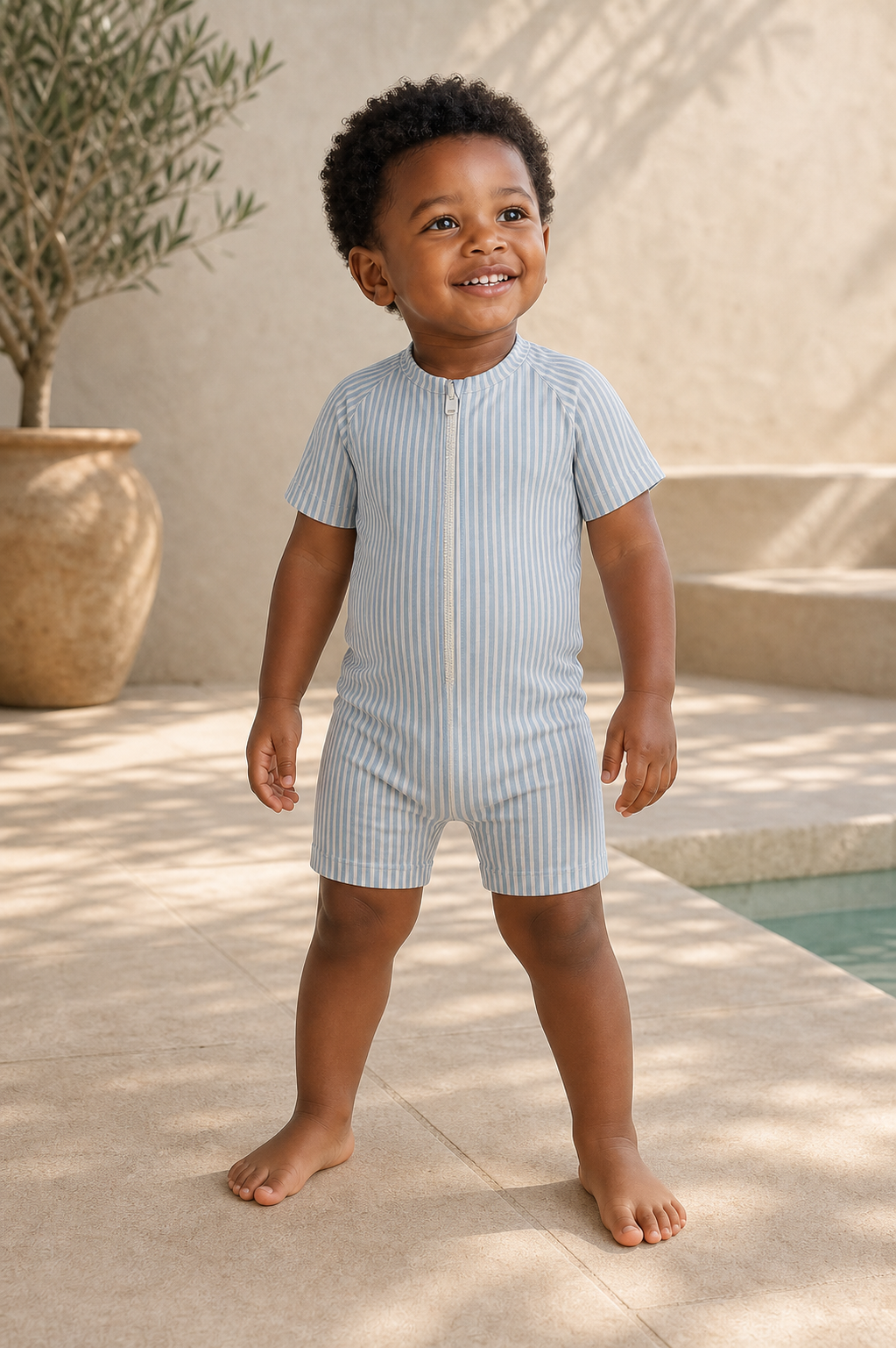 Gentle Nest model hero — Striped Swim Set, worn by Malik (GN-T06)