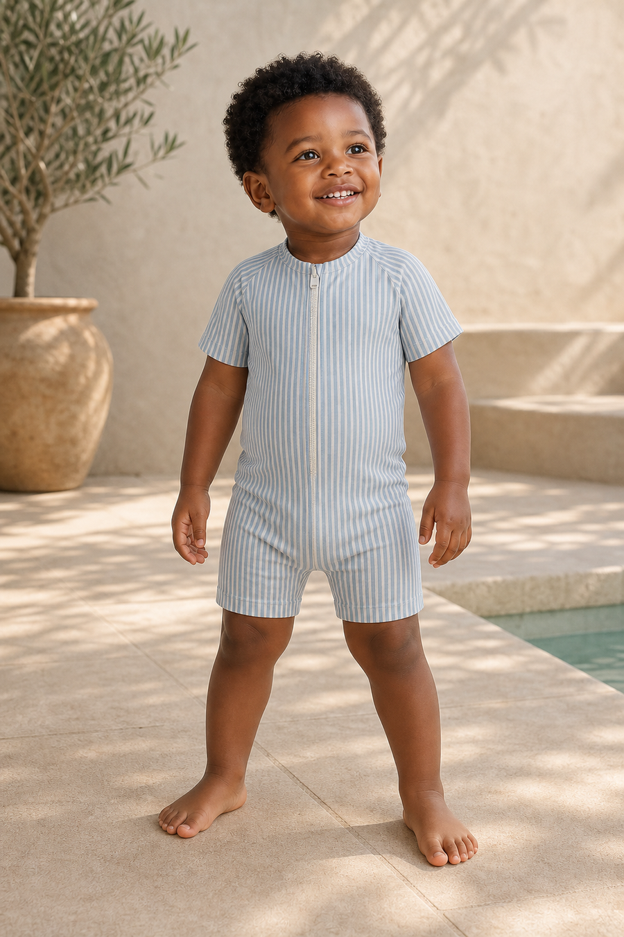 Gentle Nest model hero — Striped Swim Set, worn by Malik (GN-T06)