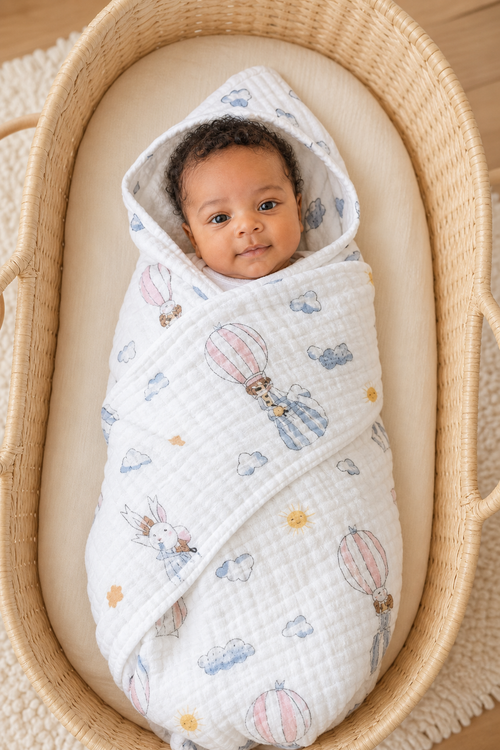 Gentle Nest model hero — Cloud Six-Layer Muslin Blanket, worn by Amari (GN-N01)