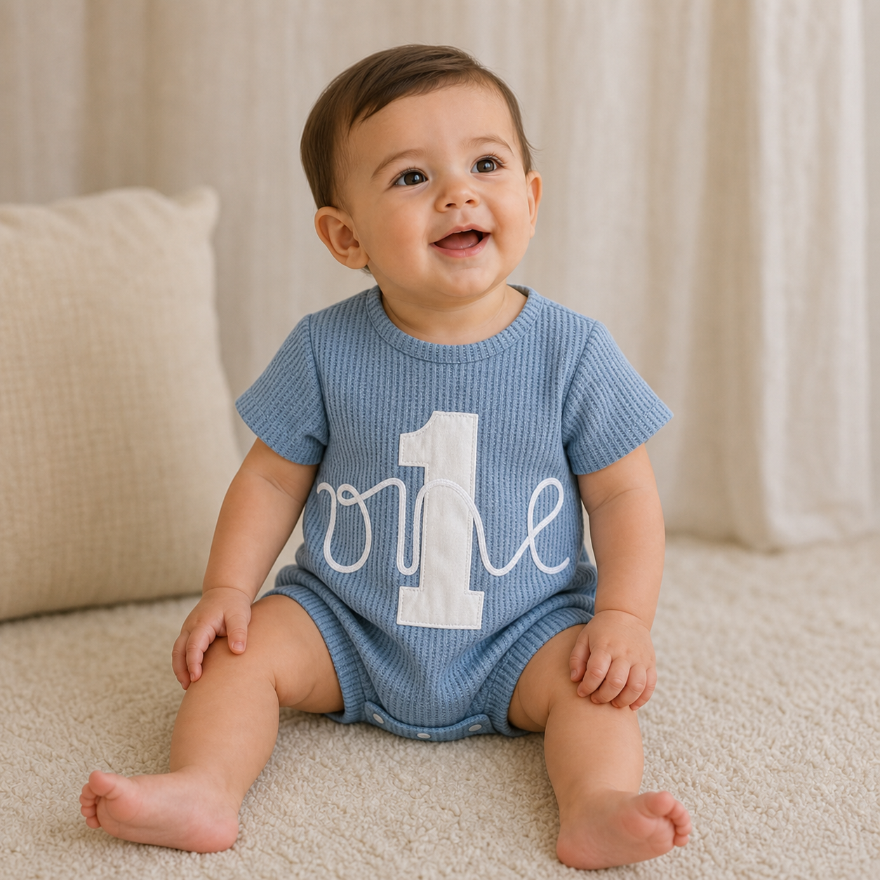 Gentle Nest model hero — Embroidered One Year Birthday Romper, Sky Blue, worn by Mira (GN-B01)