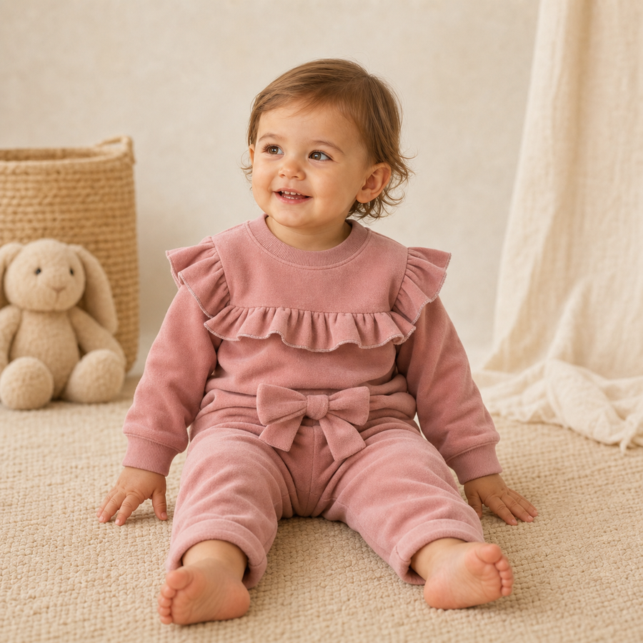 Gentle Nest model hero — Soft Knit Pullover & Pants Set, Pink, worn by Eva (GN-T05)