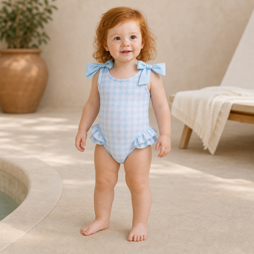 Gentle Nest model hero — Ruffle Bow Plaid Swimsuit, Blue, worn by Ruby (GN-T07)
