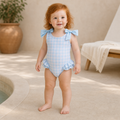 Gentle Nest model hero — Ruffle Bow Plaid Swimsuit, Blue, worn by Ruby (GN-T07)