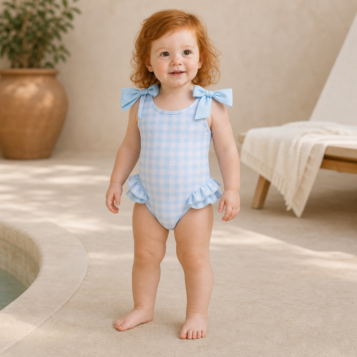 Gentle Nest model hero — Ruffle Bow Plaid Swimsuit, Blue, worn by Ruby (GN-T07)