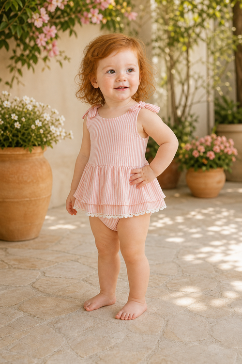 Gentle Nest model hero — Ruffle Striped Swimsuit, worn by Ruby (GN-T07)