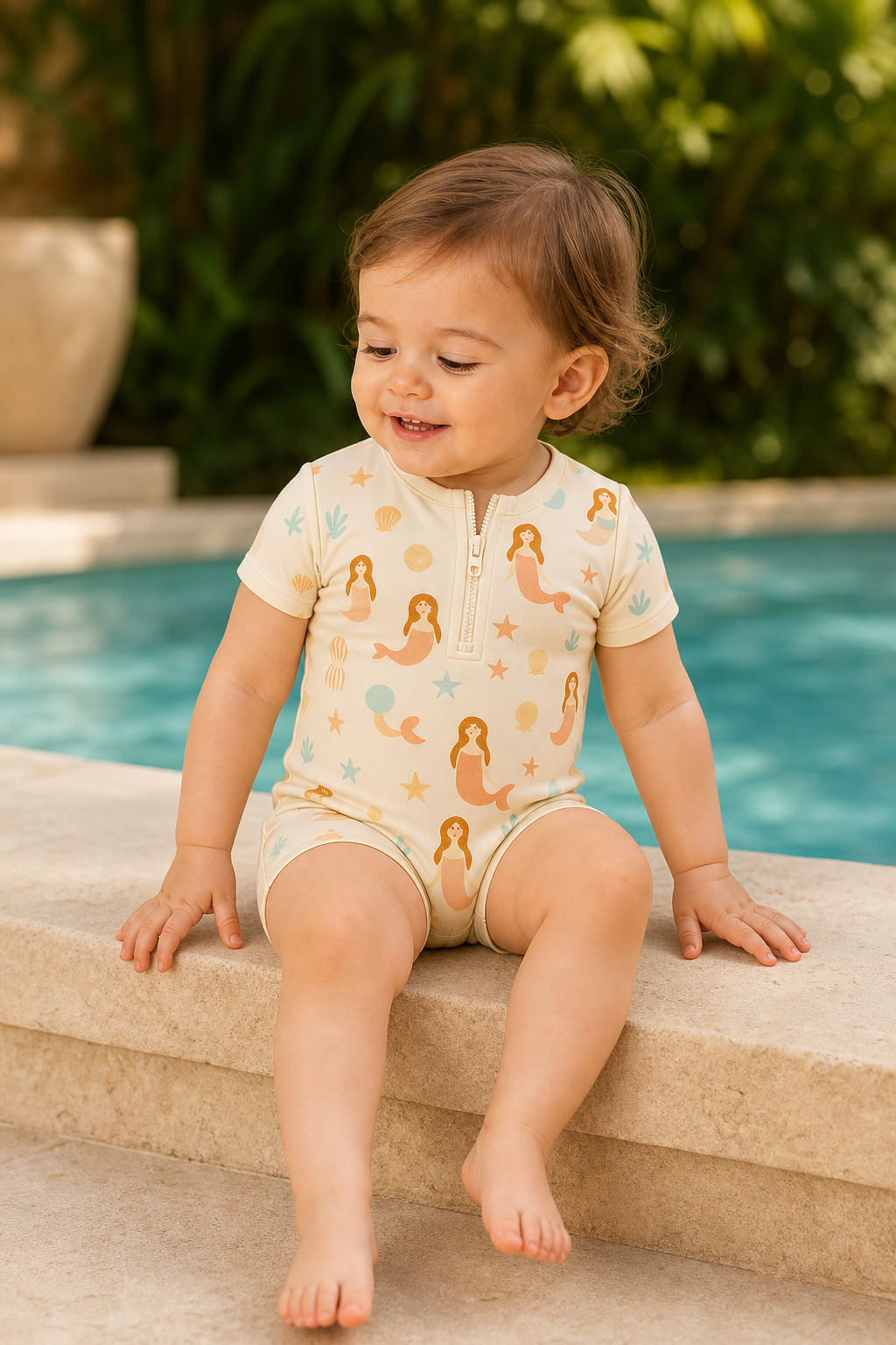Gentle Nest model hero — Cute Mermaids Print Baby Swimsuit Set, worn by Eva (GN-T05)