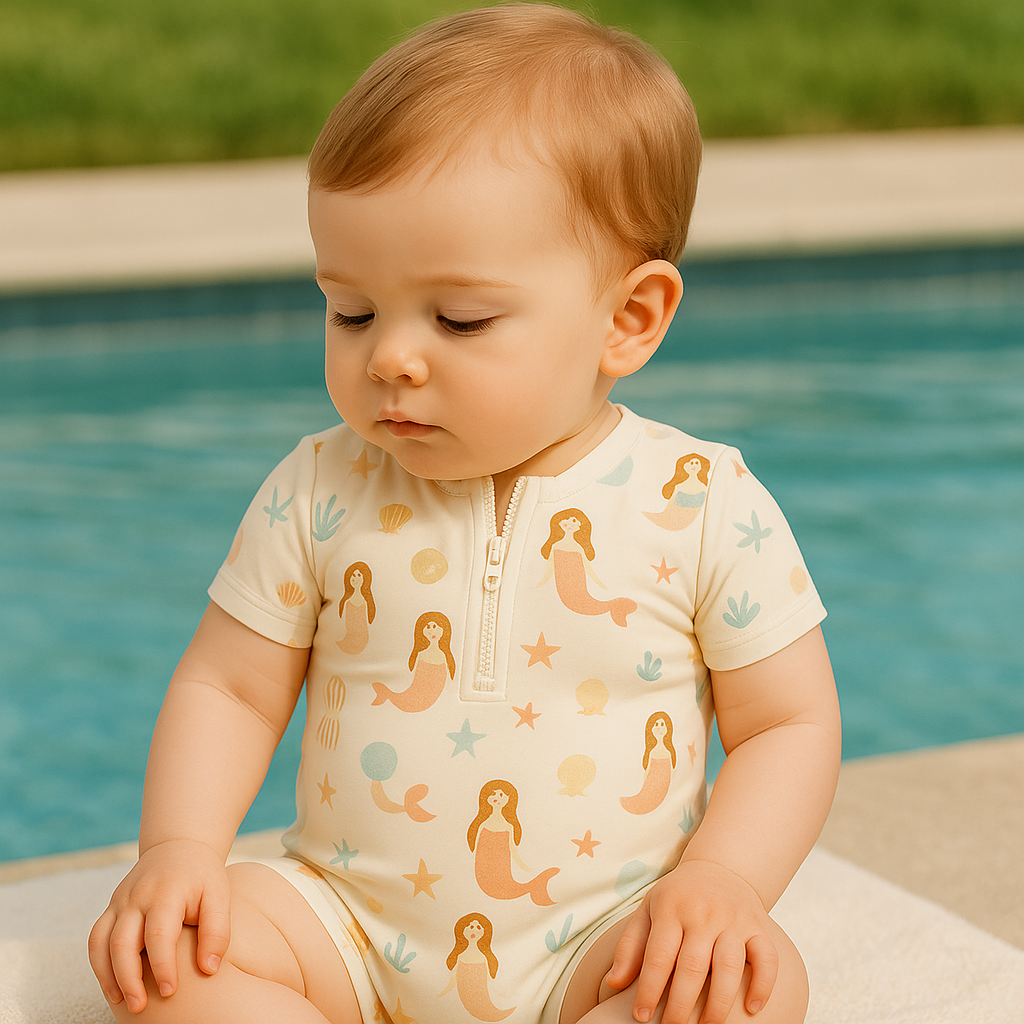 Gentle Nest swimwear hero image - Cute Mermaids Print Baby Swimsuit Set