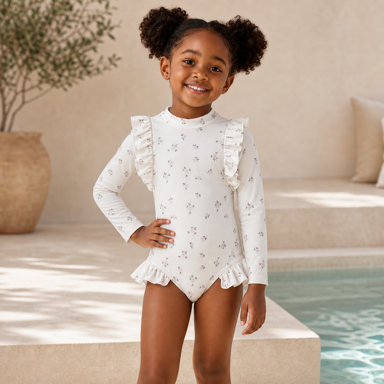 Gentle Nest model hero — Princess Printed Ruffles Long Sleeve Swimsuit, White, worn by Zuri (GN-C04)