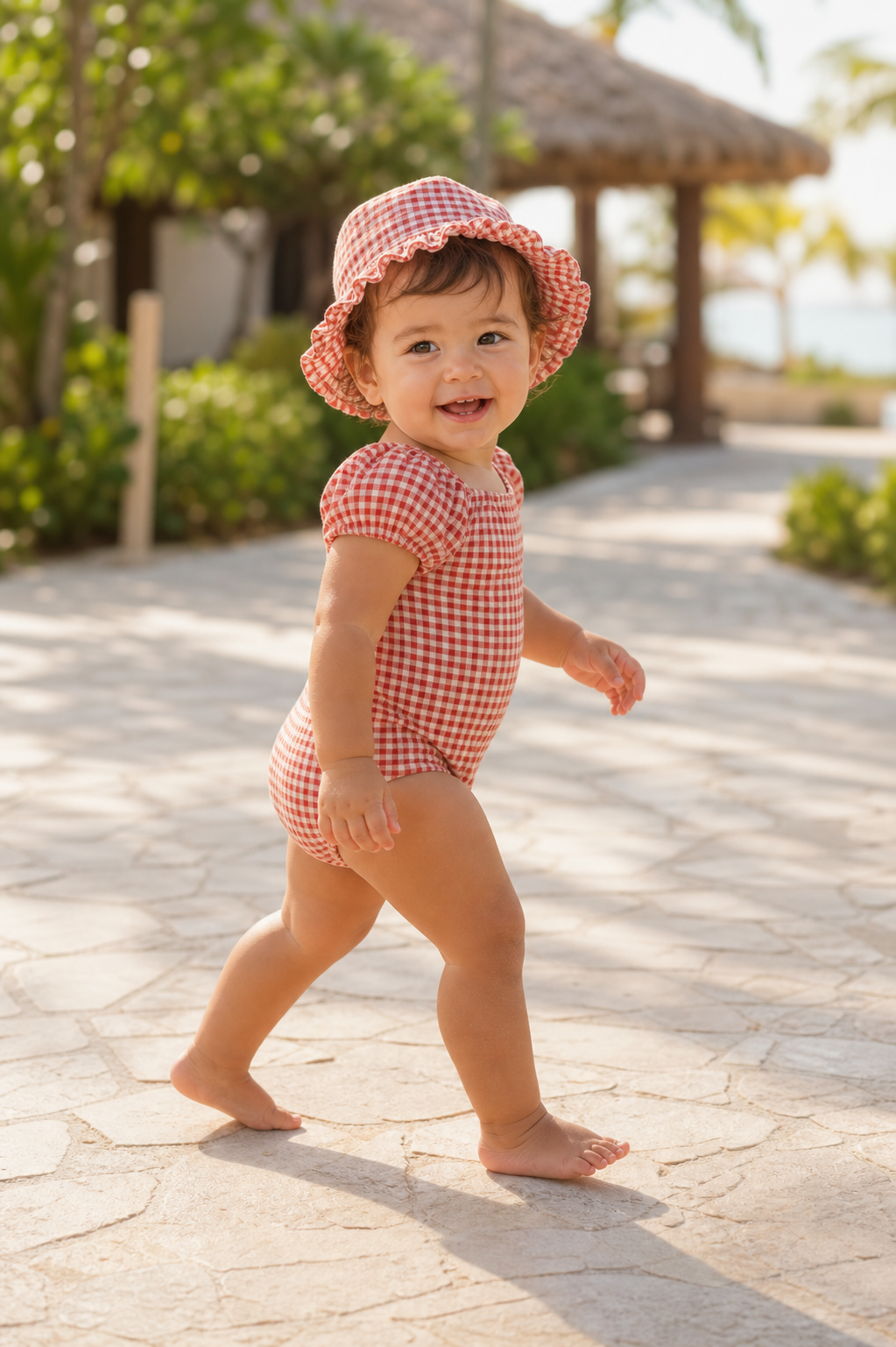 Gentle Nest model hero — Puffy Sleeve Swimsuit & Sun Hat Set, worn by Sofia (GN-T04)