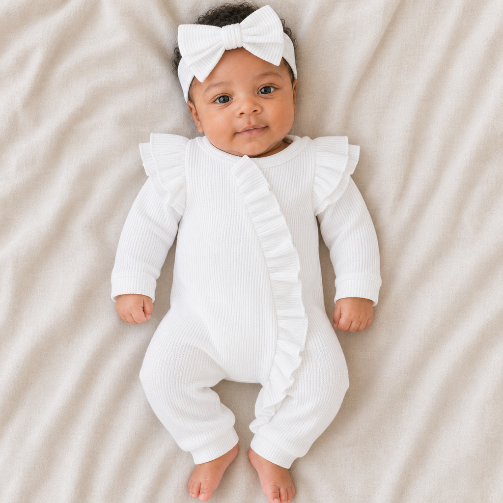 Gentle Nest model hero — Snowberry Ruffle Bow Romper, White, worn by Amari (GN-N01)
