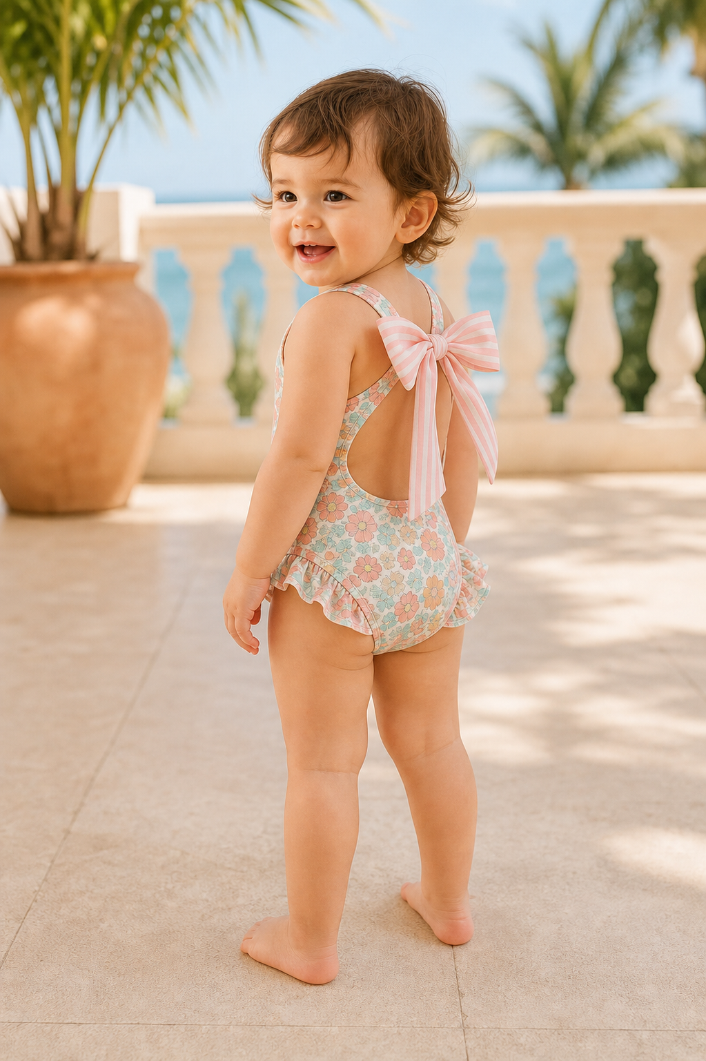 Gentle Nest model hero — Floral Bow Backless Swimsuit, worn by Sofia (GN-T04)